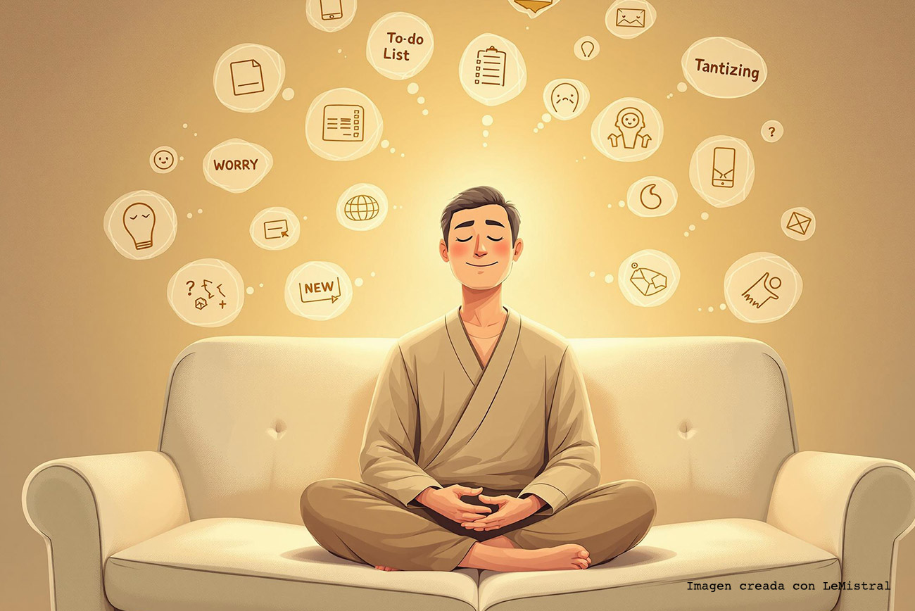 Imagen Hombre, he sentado en un sofá meditando y evitando distracciones de la vida diaria