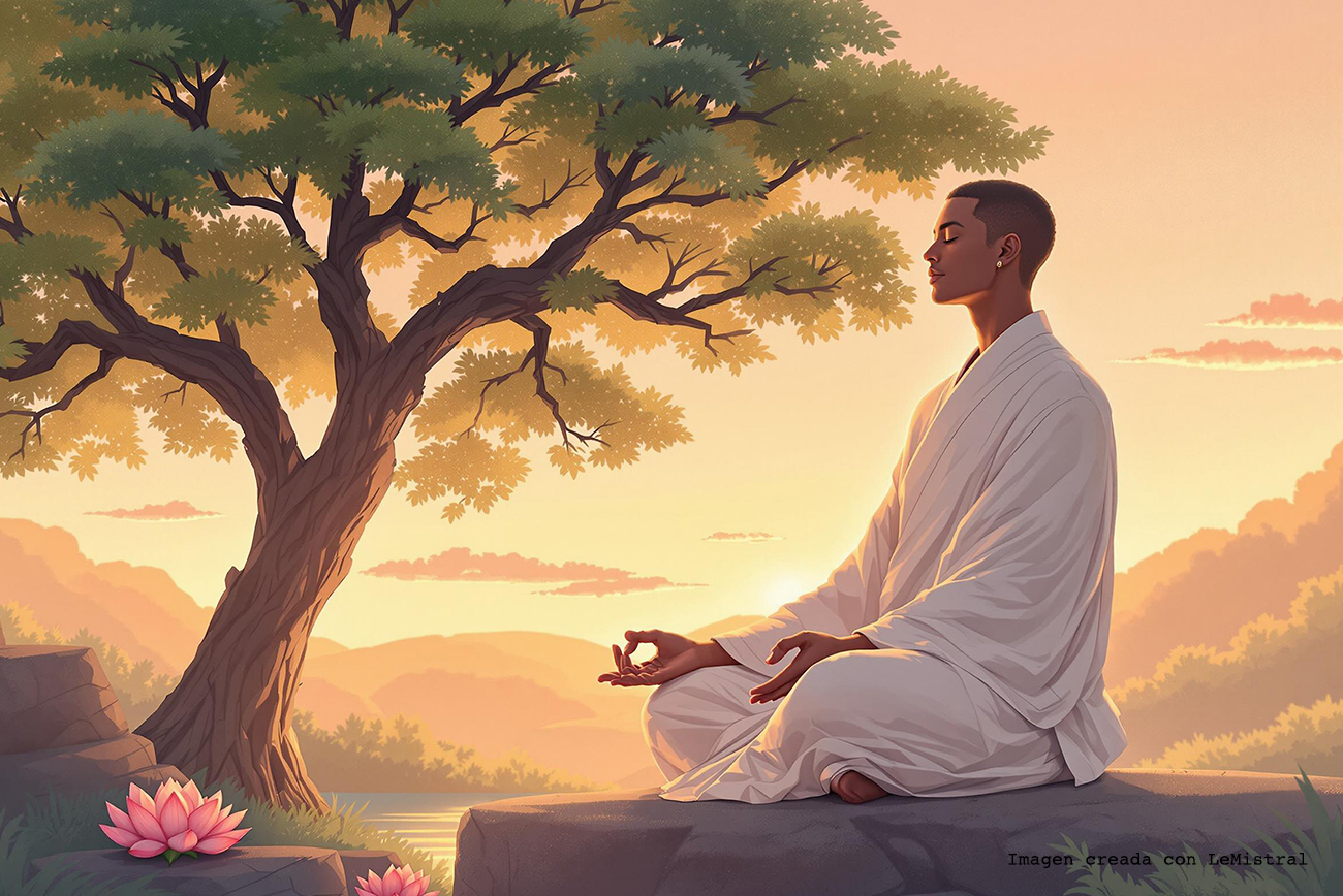 Imagen Monje meditando en un atardecer en un bosque