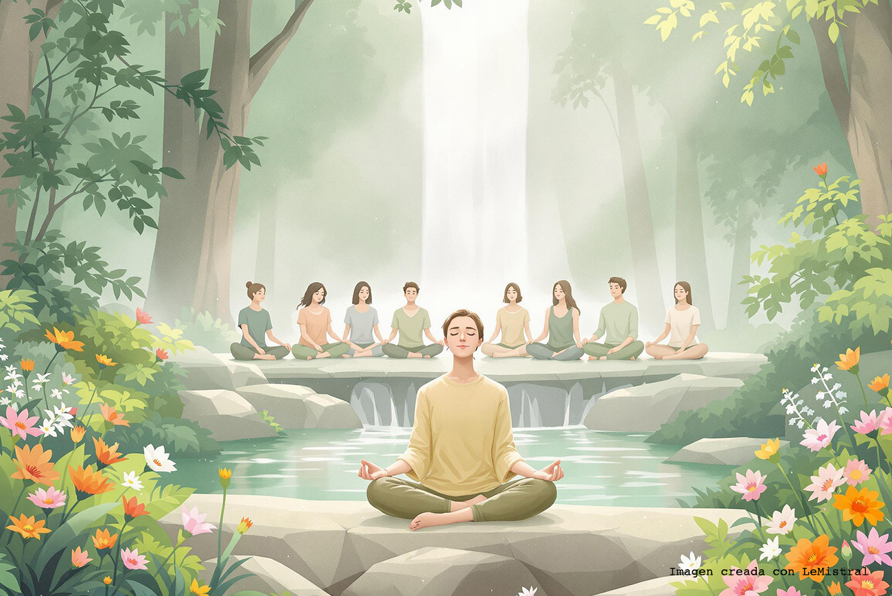 imagen Personas meditando en un bosque al lado de una cascada en el medio de la naturaleza