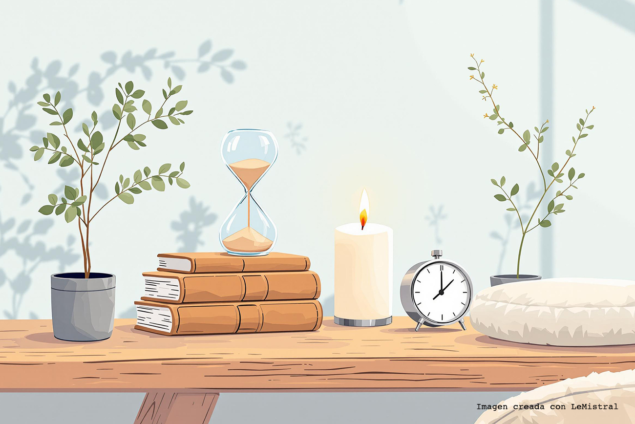 Imagen Reloj de arena en mesa de estudio, junto a libros de yoga, tranquilidad, relajación y meditación