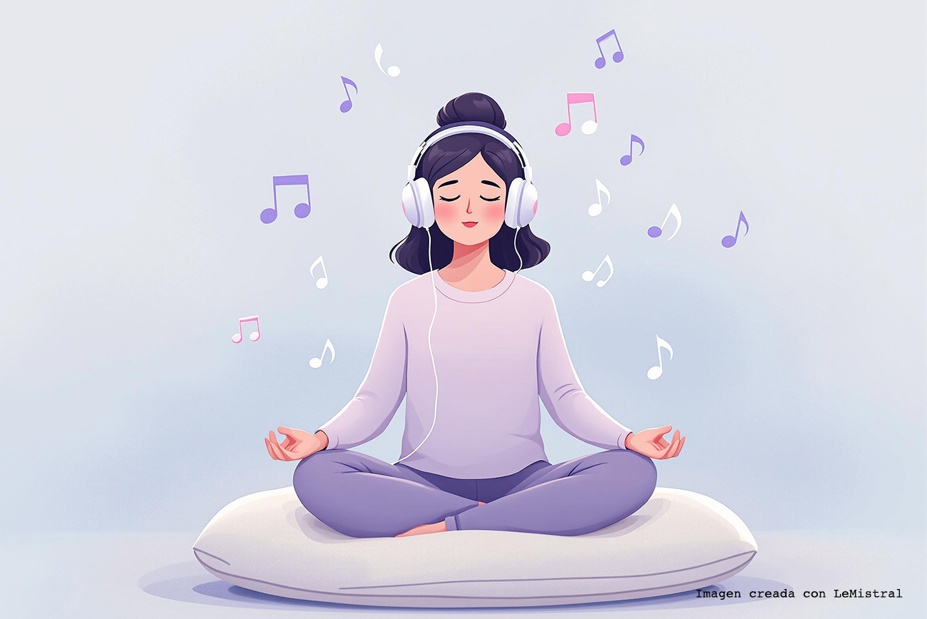 imagen chica Sentada sobre cojín, meditando escuchando música