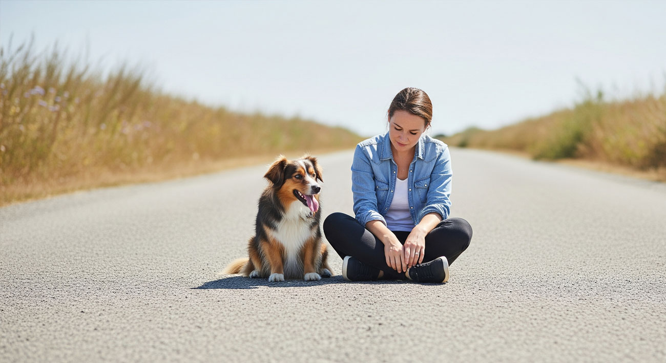 Mujer meditando pensativa al lado de su mascota