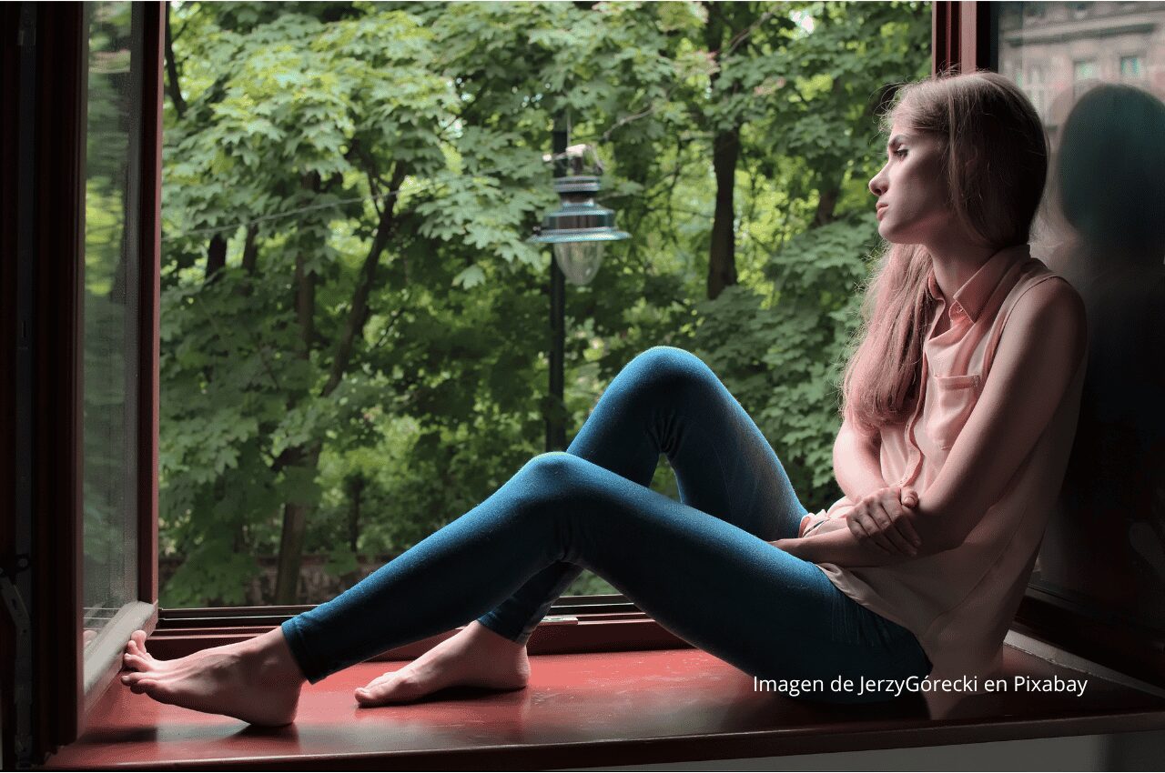 Imagen de una chica mirando por la ventana hacia la naturaleza