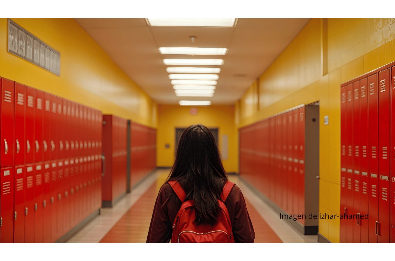 Imagen adolescente caminando por un pasillo del colegio